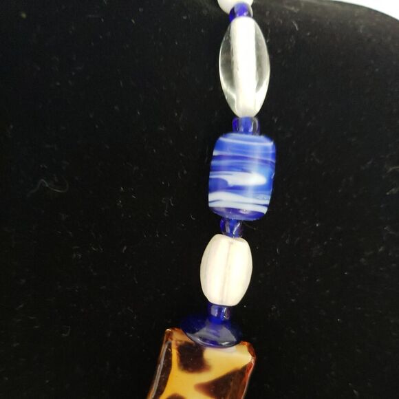 Glass Bead Necklace And Pendant, Blue, White, and Brown, Millefiori, Quartz - Picture 5 of 12